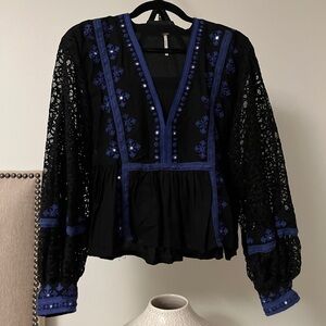 Free People XS Black and Blue Embroidered Crop Blouse